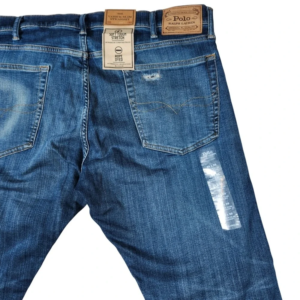 NWT Polo Ralph Lauren Varick‎ Slim Straight Jeans 38/30 Fit 40/30 Rope Dyed Blue